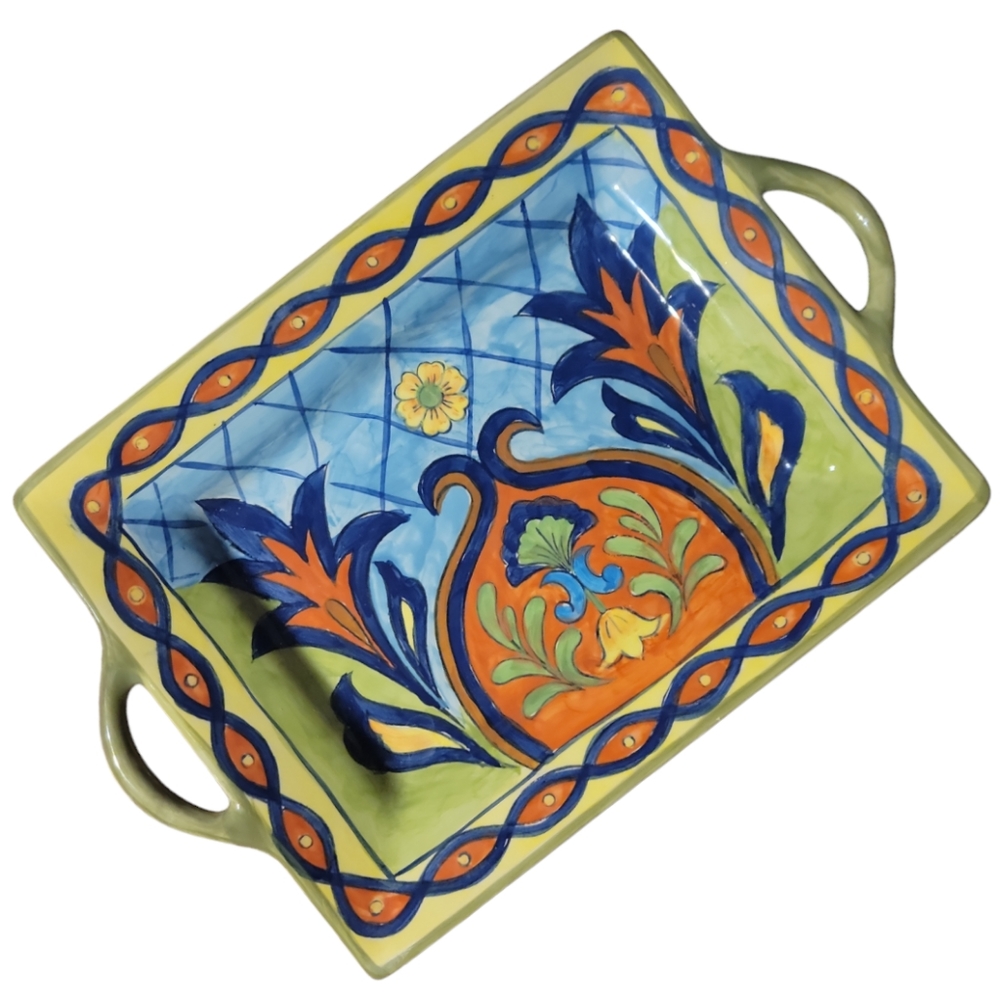 Vtg Orange Talavera Maxcera Corp Platter Open Handles
